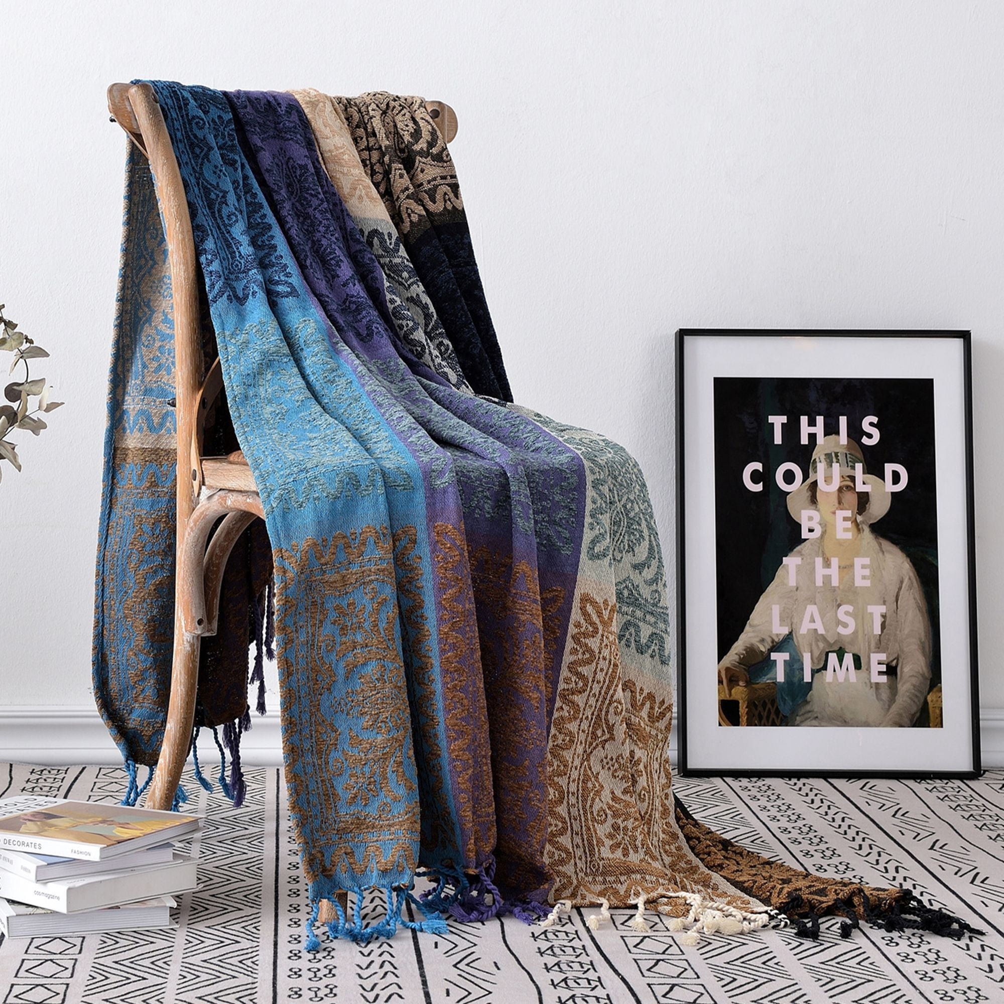 Bohemian Throw Blanket for Couch，Colorful Chenille Tassels Boho Woven Hippie Throw Blankets for Couch Bed Sofa Chair Recliner Loveseat , Bohemian Fringe Tassels Decor Home(Purple, S:60x75)
