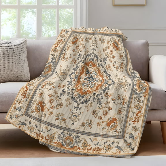 Bohemian Throw Blanket for Couch Ethnic Vintage Oriental Floral Pattern Distressed Soft and Warm Flannel 3D Striped Fluffy Fuzzy Fleece Blanket Lightweight Throw for Bed, Sofa 50 x 60 Inches