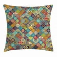 thumbnail image 1 of Bohemian Throw Pillow Cushion Cover, Checkered Pattern with Ethnic Ornamental Floral Figures Indian Folk Art Abstract, Decorative Square Accent Pillow Case, 24 X 24 Inches, Multicolor, by Ambesonne, 1 of 1