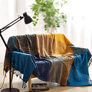 Bohemian Throws Blankets for Couch, Chenille Woven Colorful Recliner Chair Throw Futon Furniture Cover Sofa Slipcover Bed Blanket w/ Boho Fringe - 87" x 103" Large Oversized, Teal Yellow