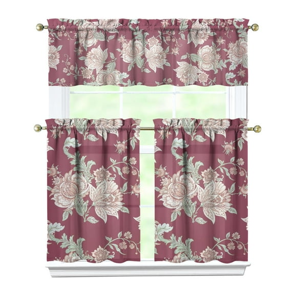 Bohemian Tier Kitchen Curtains Set of 3 - Artistic Chic Paisley Design, Semi-Sheer Caf Curtains with Valance (54x18 + 27.5x36x2), Rod Pocket Window Treatment Panels