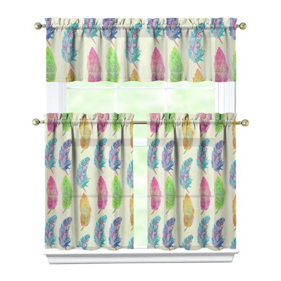 Bohemian Tier and Valance Set for Kitchen Window Boho Chic Style Vintage Artistic Tribal Rustic Nordic Earthy Patterns Light Filtering Rod Pocket Curtains