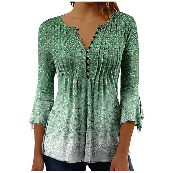 Bohemian Tops for Women Sexy Button Down V Neck 3/4 Flare Sleeve Pullover Boho Floral Print Casual Loose Tunic Tee