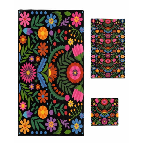 Bohemian Towel Set of 3, Soft Microfiber Bath Towels, Hand Towel, Washcloths, Red Green Tribal Mexican Abstract Flower Quick-Dry Absorbent Towels for Bathroom Kitchen Hotel Beach Gym Spa