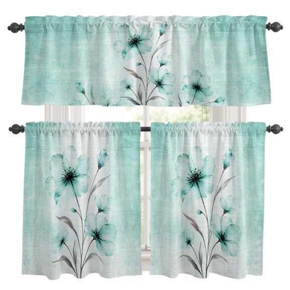 Bohemian Translucent Floral Kitchen Curtains Valances 3 Piece Set, Shabby Chic Teal Flower Rod Pocket Tier Curtain and Valance Drapes for Small Window 24 Inch Length for Bedroom Cafe
