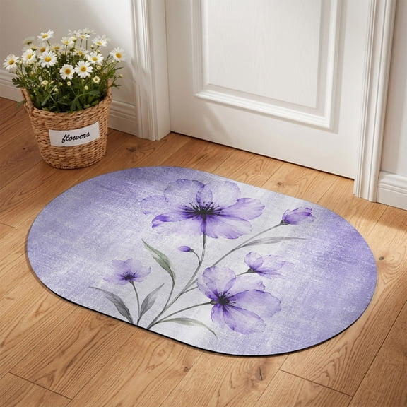 Bohemian Translucent Floral Oval Diatomaceous Earth Doormat, 16"x24" Shabby Chic Purple Flower Absorbent Quick Dry Irregular Door Mat Floor Mat Entryway Rug for Bathroom Kitchen