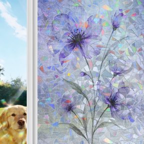 Bohemian Translucent Floral Rainbow Window Privacy Film, Shabby Chic Purple Flower Stained Glass Window Film, Sun Blocking Glass Clings Static Cling Non Adhesive Door Stickers 19.6 x 39.3 Inches