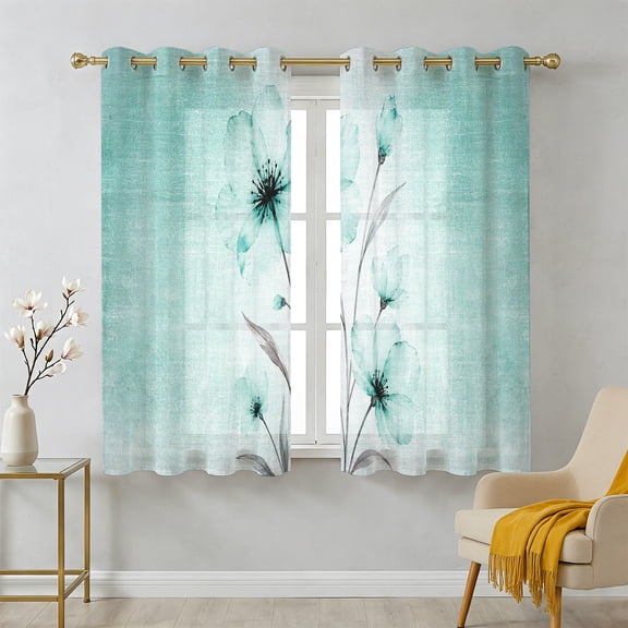 Bohemian Translucent Floral Sheer Curtains 39 Inch Long 2 Panels, Shabby Chic Teal Flower Light Filtering Semi Sheer Drapes Grommet Voile Window Curtain for Living Bedroom W27.9 x L39