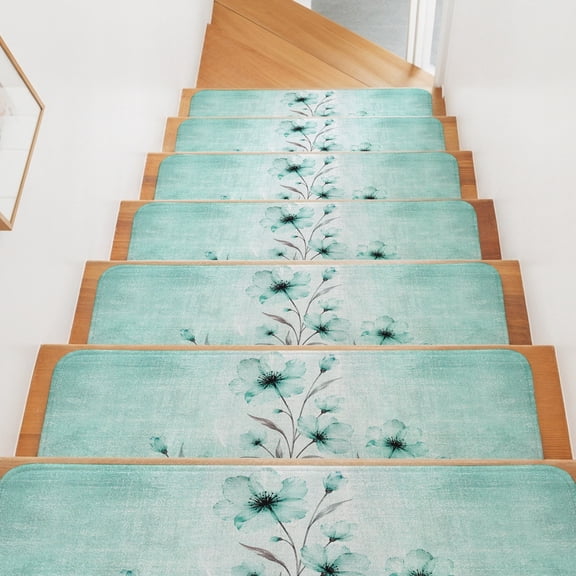 Bohemian Translucent Floral Stair Treads Non Slip for Steps Shabby Chic Teal Flower 10 Pcs Reusable Adhesive Stair Runner Mats for Dogs Elders Carpet Treads Rugs for Staircase 8x30 In
