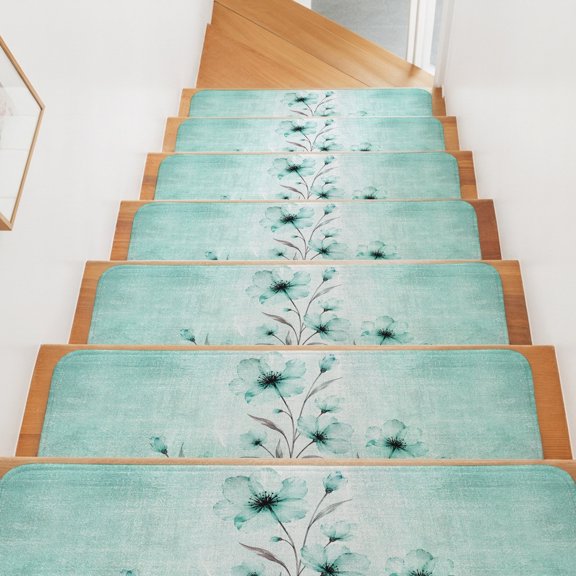 Bohemian Translucent Floral Stair Treads Non Slip for Steps Shabby Chic Teal Flower 4 Pcs Reusable Adhesive Stair Runner Mats for Dogs Elders Carpet Treads Rugs for Staircase 8x30 In
