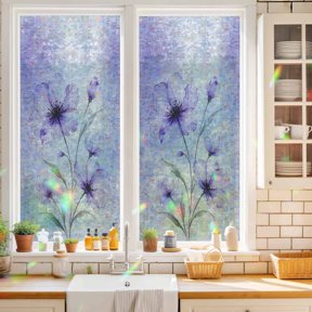 Bohemian Translucent Floral Window Privacy Film Shabby Chic Purple Flower Static Cling Stained Glass Window Film Non-Adhesive Decorative Decals Rainbow Sticker 17.7"X39.3"