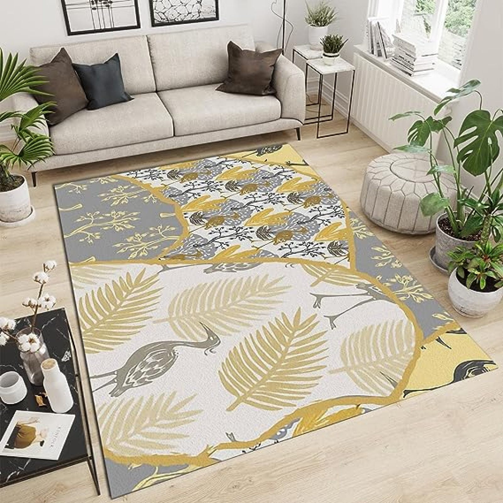 Bohemian Tree Leaf Crane Area Rug, Modern Golden Striped Flora And