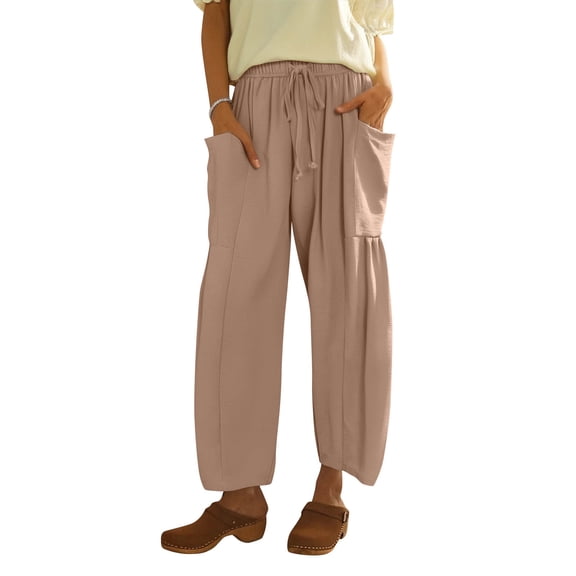 Bohemian Trendy Pants for Women Short Plus Size Wide Leg Linen Ankle Length Elastic Waist Drawstring Gaucho Pants Petite High Waisted Work Harem Pantswith Pockets Khaki XL