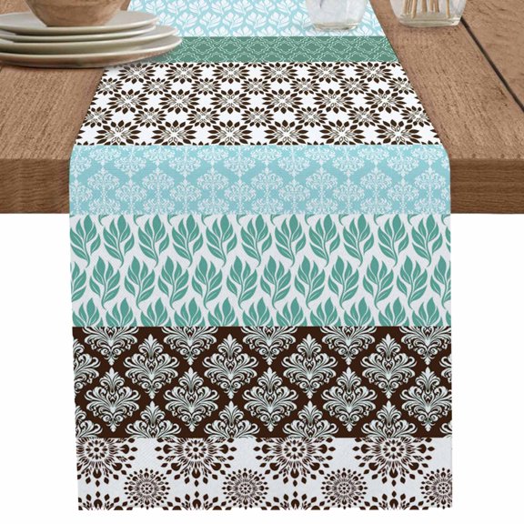Bohemian Tribal Geometric Stripe Table Runner-36 Inch Long Vintage Flower Leaves Table Runners Linen Burlap Tablerunner for Kitchen Dining Room Holiday Party