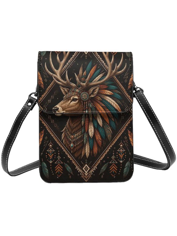 Bohemian Tribal Stag Symmetry Cell Phone Purse Small Crossbody Bag with Strap Credit Card Slots Leather Shoulder Wallet for Women