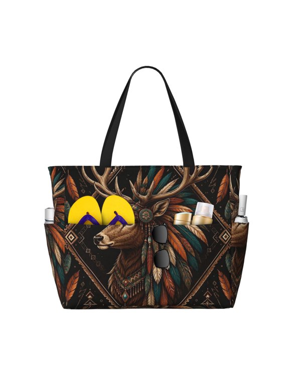 Bohemian Tribal Stag Symmetry Large Capacity Beach Travel Tote Bag Shoulder Handbag for Gym Camping Shopping