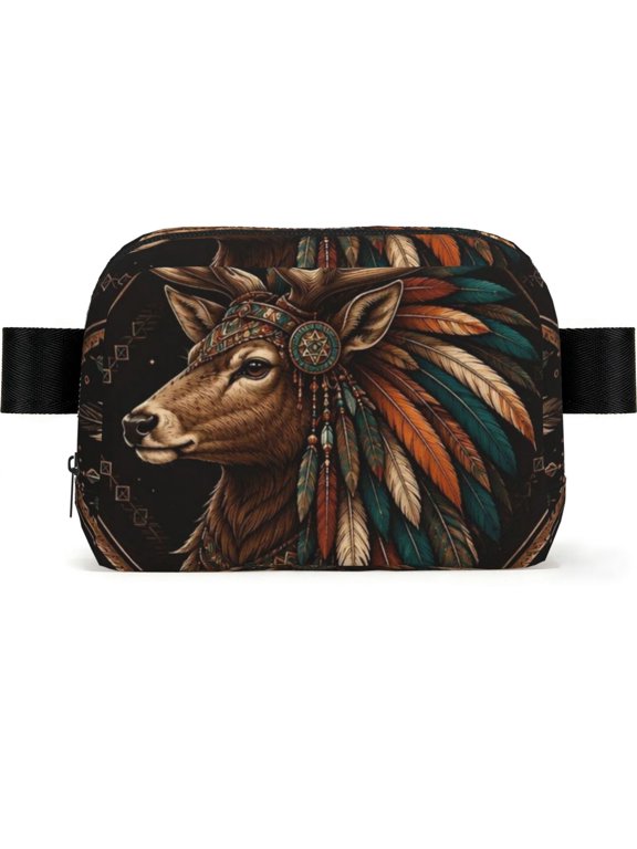 Bohemian Tribal Stag Symmetry Square Fanny Pack Fashion Belt Bag with Adjustable Strap Crossbody Chest Bag for Travel, Running, Gym