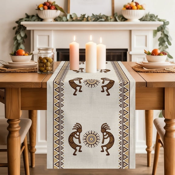 Bohemian Tribal Sunburst Dining Table Runner, Boho Mysterious Geometric Brown Sun Symbol Washable Table Runners Kitchen Coffee Table Center Decor for Home Party Holiday Wedding 13 x 36 Inches