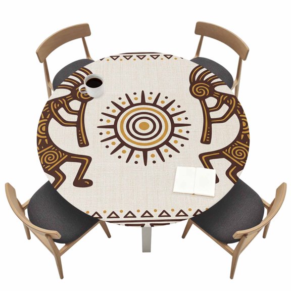 Bohemian Tribal Sunburst Round Fitted Table Cover Boho Mysterious Geometric Brown Sun Symbol Waterproof Table Cloth with Elastic Edge Wipeable Tablecloth for Picnic Camping Party Fits 36"-44" Tables