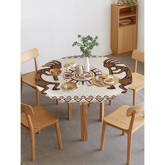Bohemian Tribal Sunburst Round Fitted Tablecloth with Elastic Edge, Boho Mysterious Geometric Brown Sun Symbol Waterproof Stretch Table Covers for 55"-60" Tables Wipeable Table Cloth for Outdoor