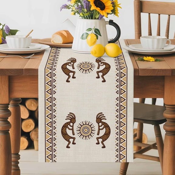 Bohemian Tribal Sunburst Table Runner 13x48 Inch Boho Mysterious Geometric Brown Sun Symbol Cotton Linen Dining Table Runner Ideal for Dresser Kitchen Coffee Tables - Machine Washable