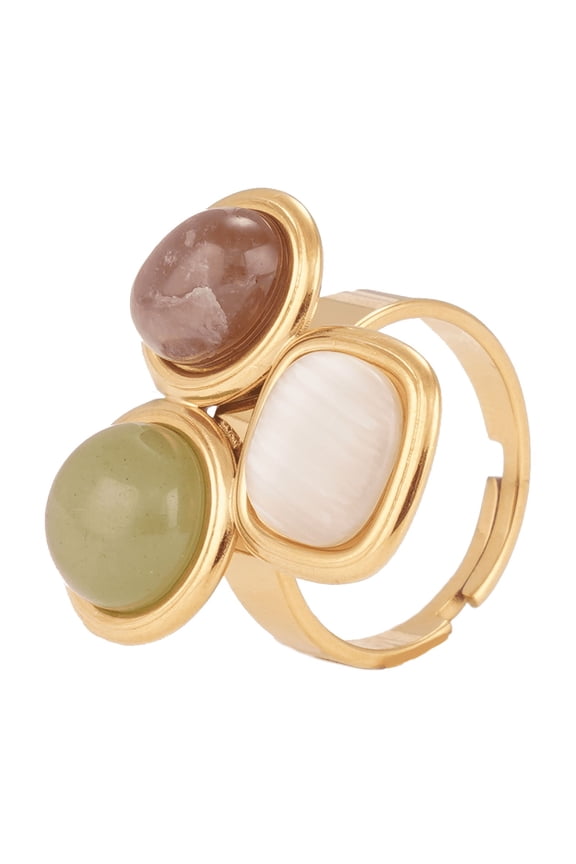 Bohemian Triple Stone Adjustable Western Ring for Women, Stainless Steel with Natural Gemstone & Cat's Eye Stone, Vintage Style Knuckle Jewelry