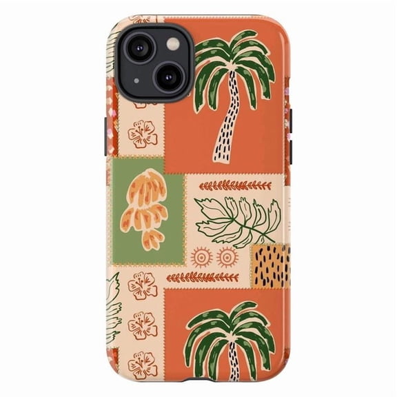 Bohemian Tropical Patchwork Phone Case for iPhone 17 16 15 14 13 12 11 Pro Plus Mini, Orange Palm Tree Art Phone Cover