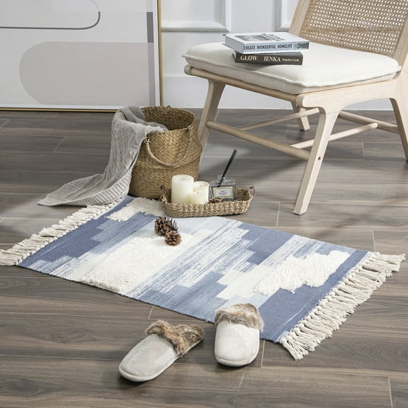 Bohemian Tufted Fringed Tassel Area Rug, 2 x 3 ft, Blue, 1 Pack
