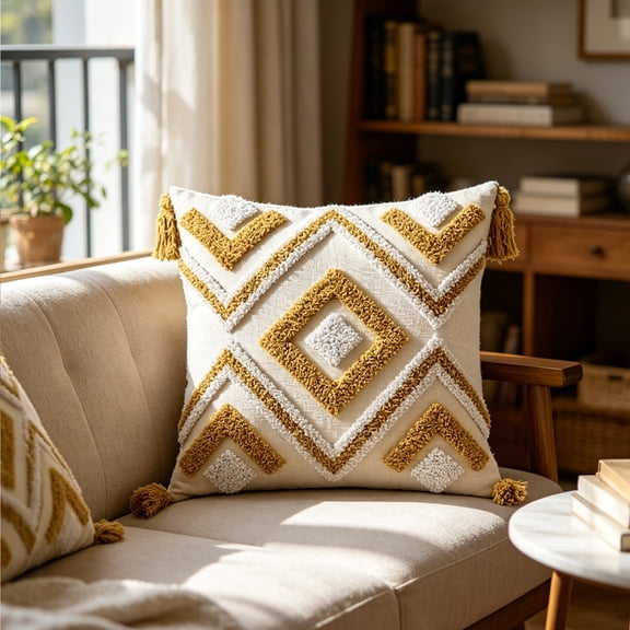 Bohemian Tufted Throw Pillow Cover 17.7x17.7 Inch, Geometric Pattern Cushion Case with Tassels, Soft Polyester Fabric for Sofa and Bed