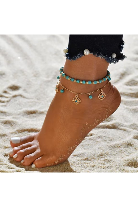 Bohemian Turquoise Bead Floral Charm Tassel Handmade Anklet
