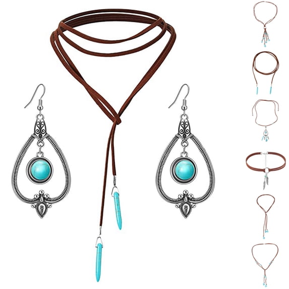 Bohemian Turquoise Pendant Long Choker Suede Choker Necklace with Vintage Turquoise Statement Dangle Earrings Jewelry Accessories for Women