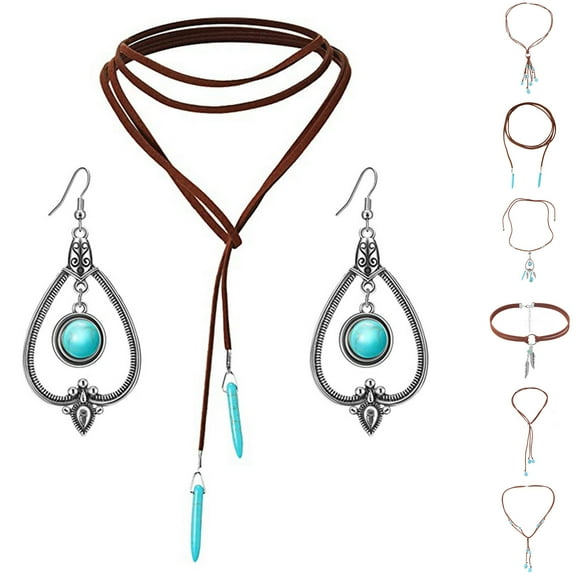 Bohemian Turquoise Pendant Long Choker Suede Choker Necklace with Vintage Turquoise Statement Dangle Earrings Jewelry Accessories for Women