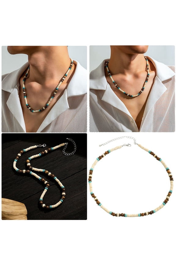 Bohemian Turquoise Wood Bead Necklace for Men Surf Beach Summer Jewelry Collarbone Chain Handmade