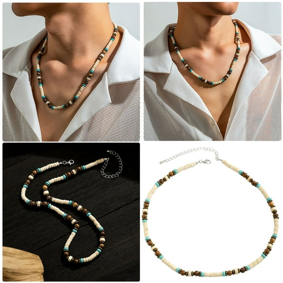 Bohemian Turquoise Wood Bead Necklace for Men Surf Beach Summer Jewelry Collarbone Chain Handmade