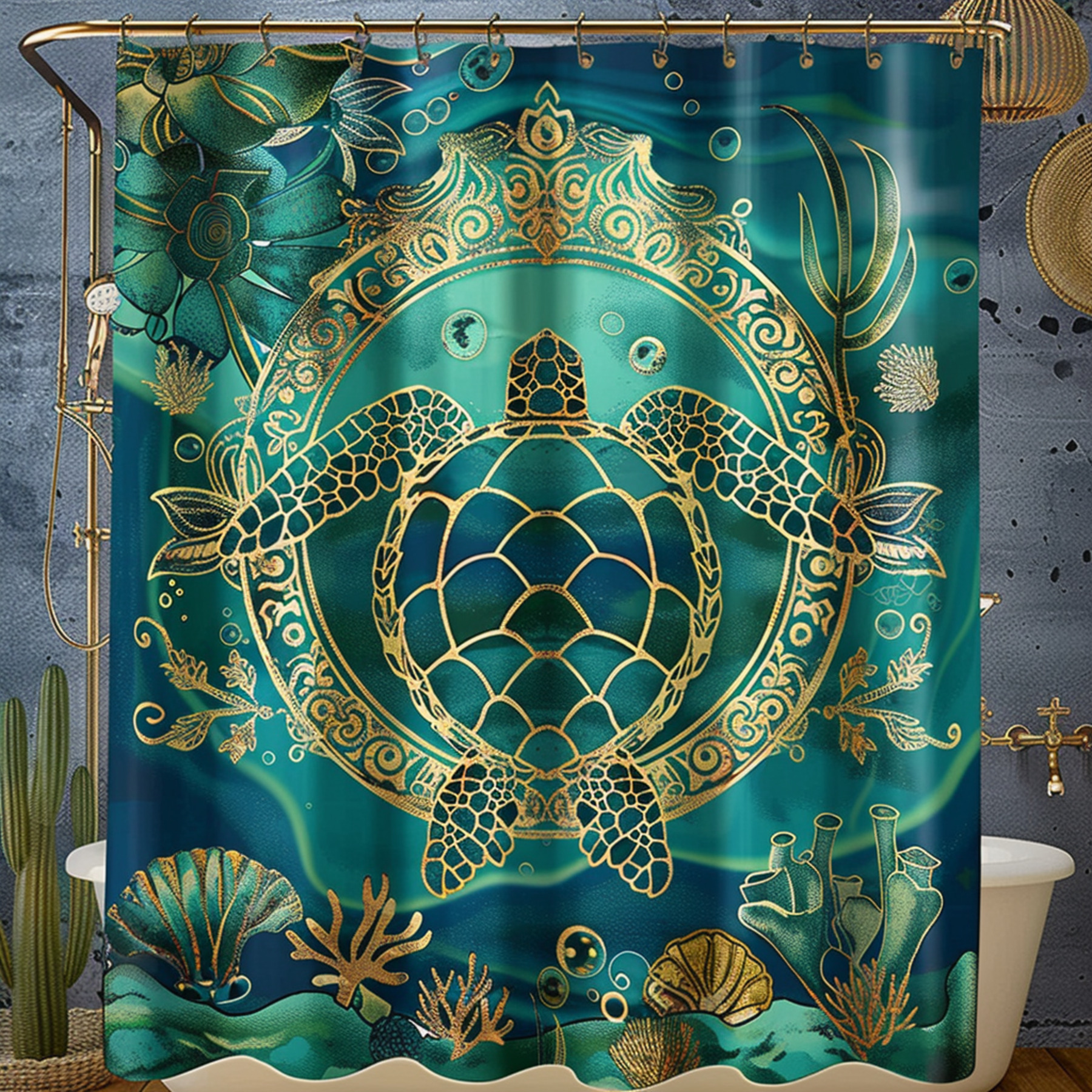 Bohemian Turtle Shower Curtain Teal and Gold Art Nouveau Design with