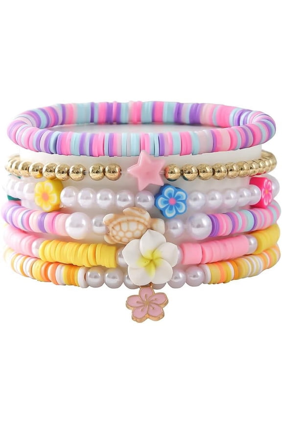 Bohemian Turtles Heishi Beaded Stretch Bracelets For Women Polymer Clay Colorful Flower Vinyl Disc Surfer Layering Stackable Beads Preppy Bracelet Friendship Summer Beach Jewelry Set