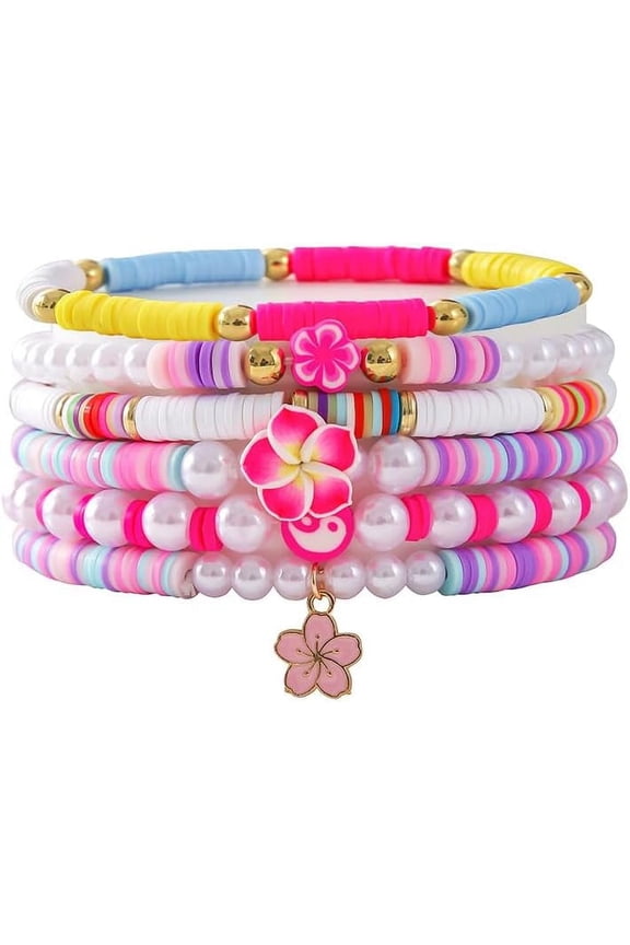 Bohemian Turtles Heishi Beaded Stretch Bracelets Women Polymer Clay Colorful Flower Vinyl Disc Surfer Layering Stackable Bracelets Preppy Friendship Summer Beach Jewelry Set