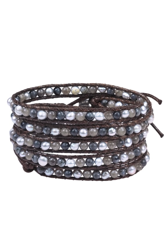 Bohemian Twilight Cultured Freshwater Pearls Quartz Leather Wrap Bracelet