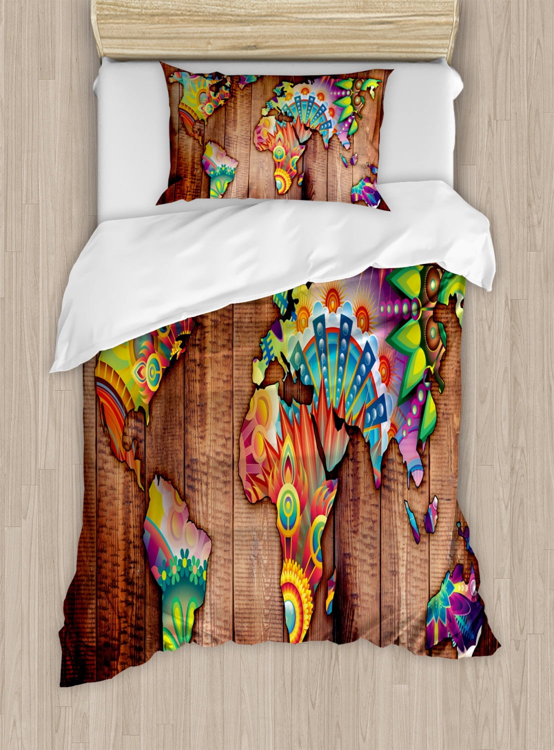 Bohemian Twin Size Duvet Cover Set, World Map on Wooden Rustic Planks ...