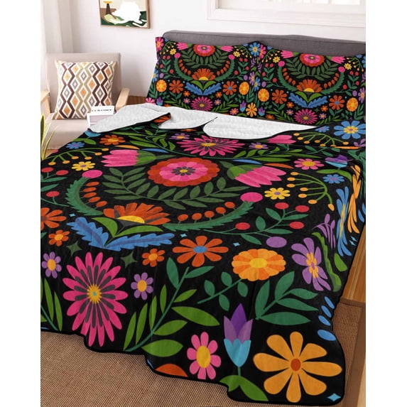 Bohemian Twin XL Size Down Alternative Comforter, Lightweight Comforter Quilt Bedding Set with Pillow Shams Red Green Tribal Mexican Abstract Flower All Seasons Bed Comforter Duvet Insert 68"x98"