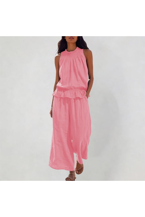Bohemian Two Piece Set, Flounce Halter Top & Wide Leg Trousers for Summer Casual Outfit