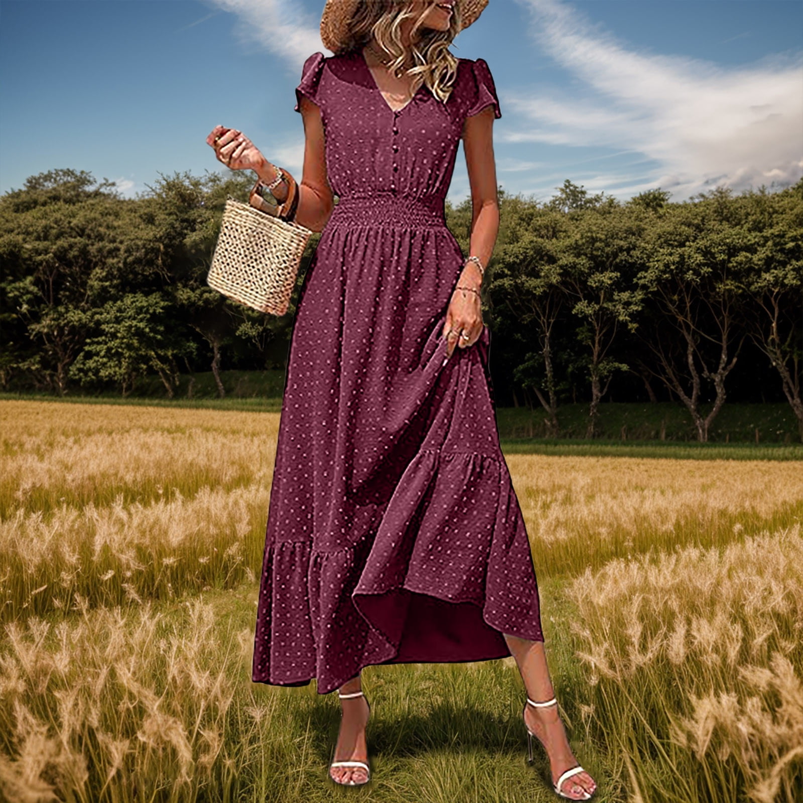 Bohemian V Neck Polka Bot High Waisted Button Up A Line Pleated Layered  Dress Womens Dresses Summer Summer Wrap Dress Causal Dresses for Women Maxi  ...