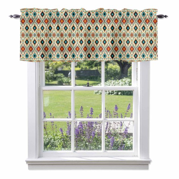 Bohemian Valance Curtain Retro Teal and Brown Argyle Aztec Geometric Chevron Window Valances Rod Pocket Short Curtains Window Treatments for Kitchen Bedroom Bathroom Laundry 60" x 14"