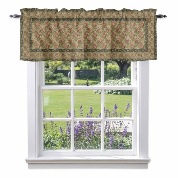 Bohemian Valance Curtain for Windows Vintage Red Flowers Texture Traditional Ethnic Green Rod Pocket Curtain Valances Short Window Treatments Panels for Kitchen Bathroom Laundry Basement 54 x 18 Inch