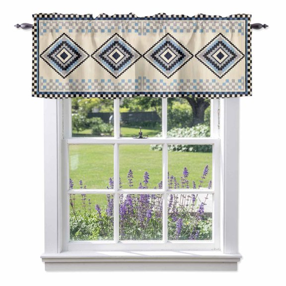 Bohemian Valances for Windows Retro Rhombus Tribal Style Blue Boho Geometric Rod Pocket Cafe Window Treatments Valance Curtains for Kitchen Bathroom Laundry Basement Windows 42"x12"