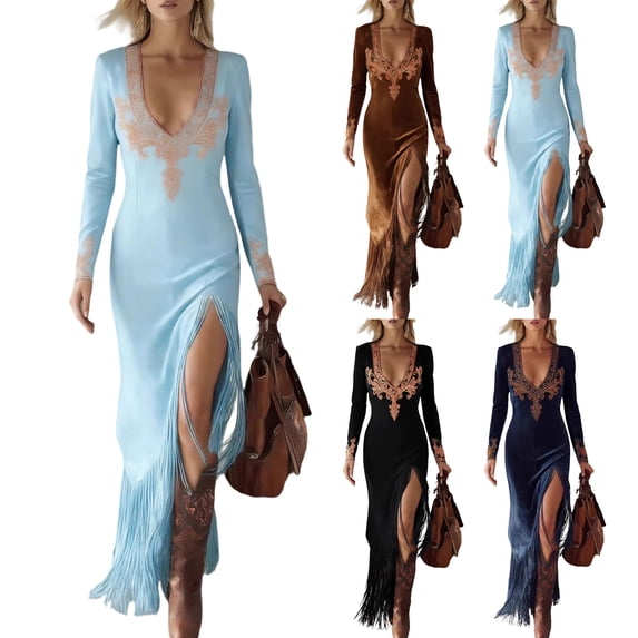 Bohemian Velvet Fringe Maxi Dress, Vintage V-Neck Long Sleeve Bodycon Dress for Country Outfits
