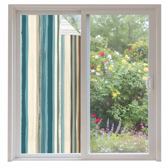 Bohemian Vertical Stripe Window Privacy Film Green Beige Simple Lines Decorative Glass Window Film UV Blocking Static Cling Non-Adhesive Sticker Covering for Home Door 35.4x78.7 inches
