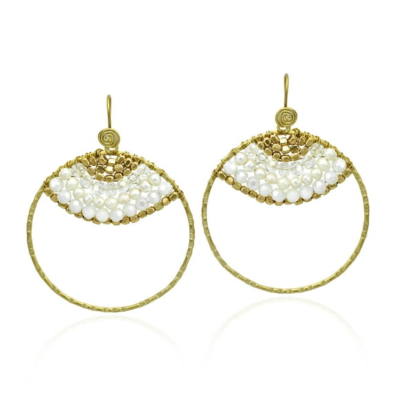 Bohemian Vibe White Pearls, Crystals & Beads on Brass Boho Hoop Dangle Earrings