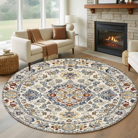 Bohemian Vintage 7ft Round Rug for Living Room Conversation Area, Floral Texture Washable Non Slip Large Circle Area Rug