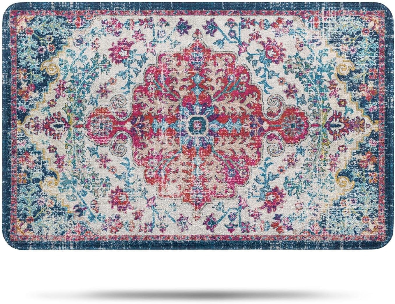 Bohemian Vintage Bathroom Rug Non-Slip Soft Bath Rug Machine Washable Oriental Persian Bathroom Mat Traditional Farmhouse Floral Floor Mat for Bathtub Shower Entrance, 17'''' x 27''''